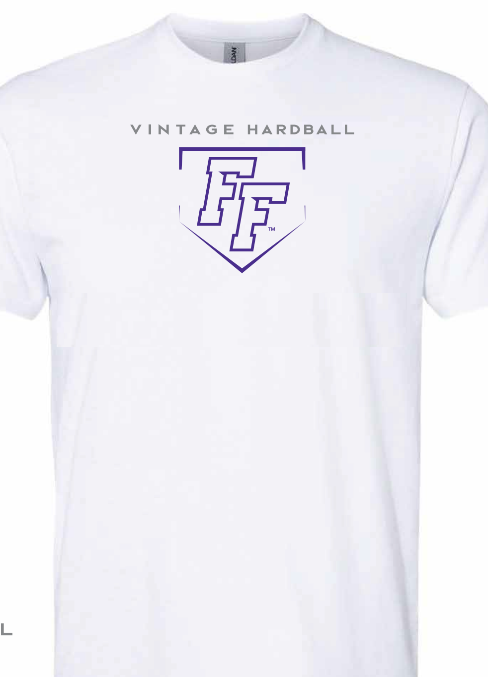 A white short-sleeve crewneck t-shirt featuring graphic on the chest that reads 'VINTAGE HARDBALL' in gray letters above a purple colored home-plate outline with the letters 'FF'.